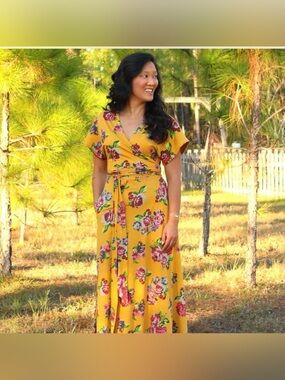 Matilda Jane Alana Floral Wrap Maxi Dress Mustard Yellow Medium NWT